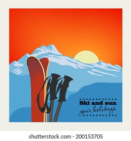 Winter  background. Mountains and ski equipment in the snow against the sunset