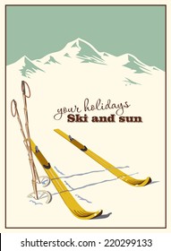 Winter  background. Mountains and ski equipment in the snow