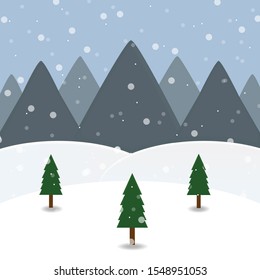 Winter background mountains, snow, fir trees. White and blue background for winter season. Vector illustration.