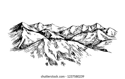 Winter background with mountains, snow and trees. Hand drawn illustration converted to vector.