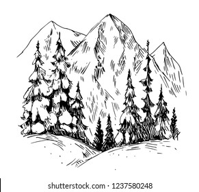 Hand Drawn Vector Landscape Mountains Trees Stock Vector (Royalty Free ...