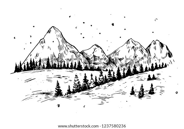 山 雪 木のある冬の背景 手描きのイラストをベクター画像に変換 のベクター画像素材 ロイヤリティフリー