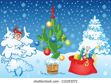 Winter background with New Year cactus, gifts, balls and ribbons