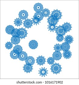 Winter Background for New Year and Christmas Decoration in Orient Style. Small Ethnic Mandalas Looking Like Snowflakes. Lacy Outline Pattern. Moroccan, Indian or Turkish Motif