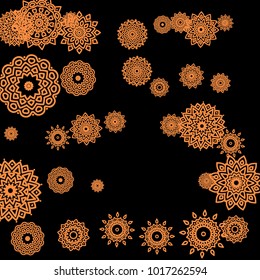 Winter Background for New Year and Christmas Decoration in Orient Style. Small Ethnic Mandalas Looking Like Snowflakes. Lacy Outline Pattern. Moroccan, Indian or Turkish Motif
