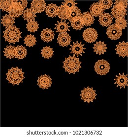 Winter Background for New Year and Christmas Decoration in Orient Style. Small Ethnic Mandalas Looking Like Snowflakes. Lacy Outline Pattern. Moroccan, Indian or Turkish Motif