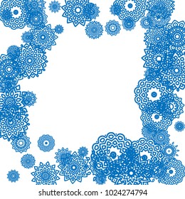 Winter Background for New Year and Christmas Decoration in Orient Style. Small Ethnic Mandalas Looking Like Snowflakes. Lacy Outline Pattern. Moroccan, Indian or Turkish Motif