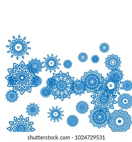 Winter Background for New Year and Christmas Decoration in Orient Style. Small Ethnic Mandalas Looking Like Snowflakes. Lacy Outline Pattern. Moroccan, Indian or Turkish Motif