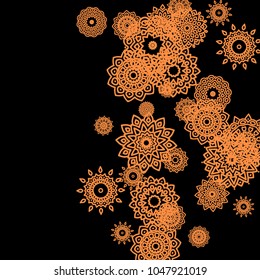 Winter Background for New Year and Christmas Decoration in Orient Style. Small Ethnic Mandalas Looking Like Snowflakes. Lacy Outline Pattern. Moroccan, Indian or Turkish Motif