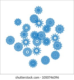 Winter Background for New Year and Christmas Decoration in Orient Style. Small Ethnic Mandalas Looking Like Snowflakes. Lacy Outline Pattern. Moroccan, Indian or Turkish Motif