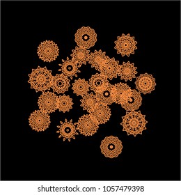 Winter Background for New Year and Christmas Decoration in Orient Style. Small Ethnic Mandalas Looking Like Snowflakes. Lacy Outline Pattern. Moroccan, Indian or Turkish Motif