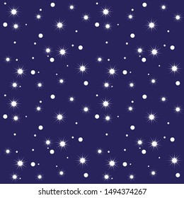 Winter background for New Year and Christmas. Starry sky in winter, falling snowflakes and stars. Seamless vector pattern for background for greeting card, wrapping paper.