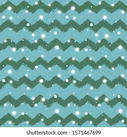 Winter background for New Year and Christmas. Starry sky in winter, falling snowflakes and stars on zigzag background. Seamless vector illustration for backdrop greeting card, wrapping paper.