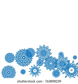 Winter Background for New Year and Christmas Decoration in Orient Style. Small Ethnic Mandalas Looking Like Snowflakes. Lacy Outline Pattern. Moroccan, Indian or Turkish Motif