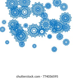 Winter Background for New Year and Christmas Decoration in Orient Style. Small Ethnic Mandalas Looking Like Snowflakes. Lacy Outline Pattern. Moroccan, Indian or Turkish Motif