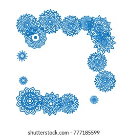 Winter Background for New Year and Christmas Decoration in Orient Style. Small Ethnic Mandalas Looking Like Snowflakes. Lacy Outline Pattern. Moroccan, Indian or Turkish Motif