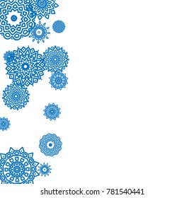 Winter Background for New Year and Christmas Decoration in Orient Style. Small Ethnic Mandalas Looking Like Snowflakes. Lacy Outline Pattern. Moroccan, Indian or Turkish Motif