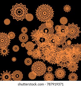 Winter Background for New Year and Christmas Decoration in Orient Style. Small Ethnic Mandalas Looking Like Snowflakes. Lacy Outline Pattern. Moroccan, Indian or Turkish Motif