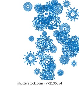 Winter Background for New Year and Christmas Decoration in Orient Style. Small Ethnic Mandalas Looking Like Snowflakes. Lacy Outline Pattern. Moroccan, Indian or Turkish Motif