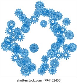 Winter Background for New Year and Christmas Decoration in Orient Style. Small Ethnic Mandalas Looking Like Snowflakes. Lacy Outline Pattern. Moroccan, Indian or Turkish Motif