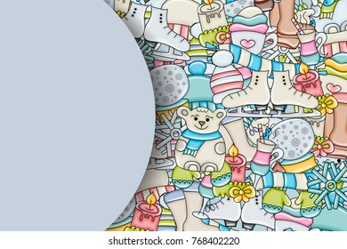 Winter background. New year greeting card with space for text. Hand drawn doodle vector illustration.