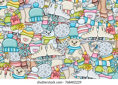 Winter background. New year greeting card with space for text. Hand drawn doodle vector illustration.