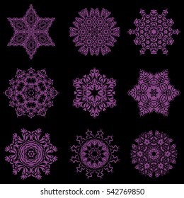 Winter background with nine vector purple snowflakes on a black background.