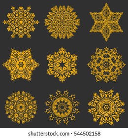 Winter background with nine vector snowflakes on a gray background.