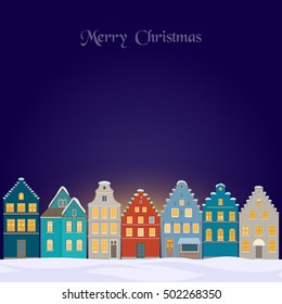 Winter background with old town at night. Merry Christmas greeting card