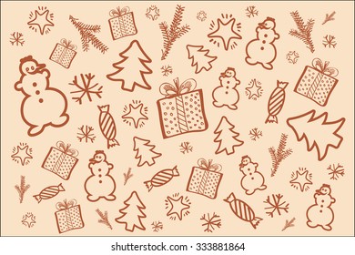 Winter background on the theme of Christmas in brown tone. Hand drown design elements vector set.