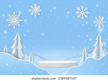 Fondo De Invierno Y Árbol De Navidad Origami Con Malla Gradiente, Ilustración Vectorial