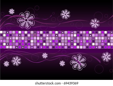 Winter background with an ornament from a mosaic both flying tapes and snowflakes