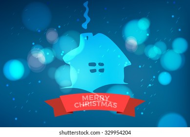 winter background with painted house and ribbon