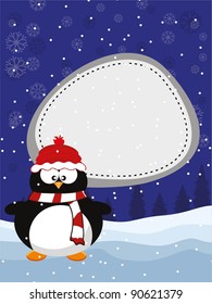 winter background with panguin wearing cap & scarf with copy space on blue color background for Christmas, New Year & other occasions.