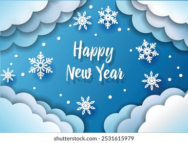 Winter background with paper cut clouds and snowflakes. Happy New Year and Christmas banner