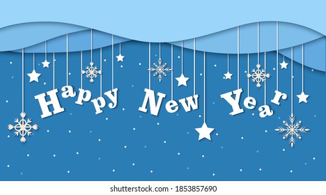 Winter background in paper cut out style. Merry Christmas and Happy New Year vector illustration.
