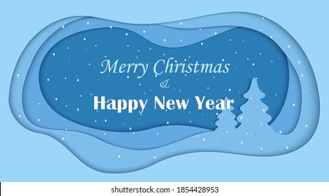 Fondo invernal en estilo de corte de papel. Feliz Navidad y feliz ilustración vectorial de Año Nuevo.