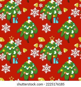 Winter background for paper or fabric. Seamless pattern with Christmas trees, snowflakes and gifts.