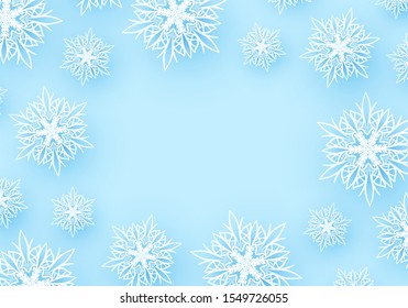 Winter background with paper snowflakes. Light blue design. Flakes with shadow effect. Copy space. 3D illustration.
