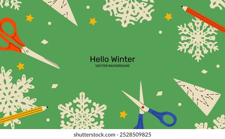 Fondo de invierno con copos de nieve de papel y tijeras. Concepto de corte de copo de nieve de papel. Ilustración vectorial plana.