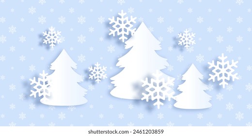 Winter background with paper trees and snowflakes. Cut paper style. Vector background
