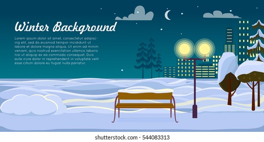 Winter background. Park landscape at Christmas night. Street lamp near trees and wooden bench at dark cold night. Snowy green fir trees and ground. Sky with clouds, moon and stars vector illustration