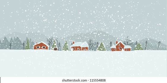 Winter Background With A Peaceful Village In A Snowy Landscape. Christmas Vector Hand Drawn Background.