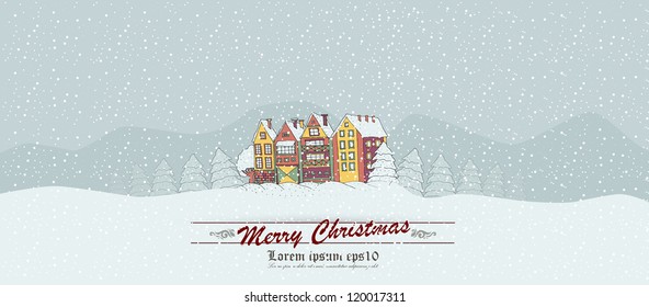 Winter background with a peaceful village in a snowy landscape. Christmas vector hand drawn background.