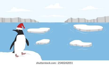 fundo de inverno com um pinguim de pé em um floe de gelo e algum outro floe de gelo na água