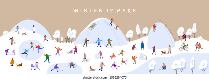  Winter background.Set of people involved in the winter active lifestyle.Vector illustration.