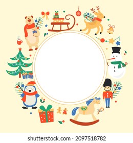 Winter background picture template for design with cute Christmas elements and characters. Vector illustration.