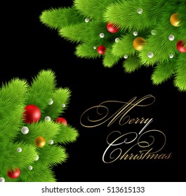 Winter background with pine branch and baubles. Christmas tree decoration. Vector illustration.