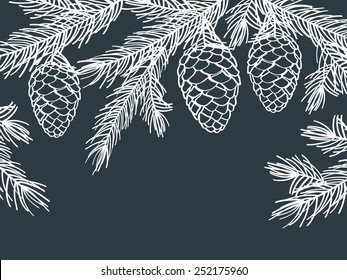 Winter background with pine branches with cones. Hand drawing with chalk on a blackboard. Sketch, design elements. Vector illustration.