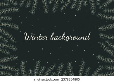 Winter background of pine twigs. Rectangular frame for Christmas and New Year. Vector illustration in a flat style.